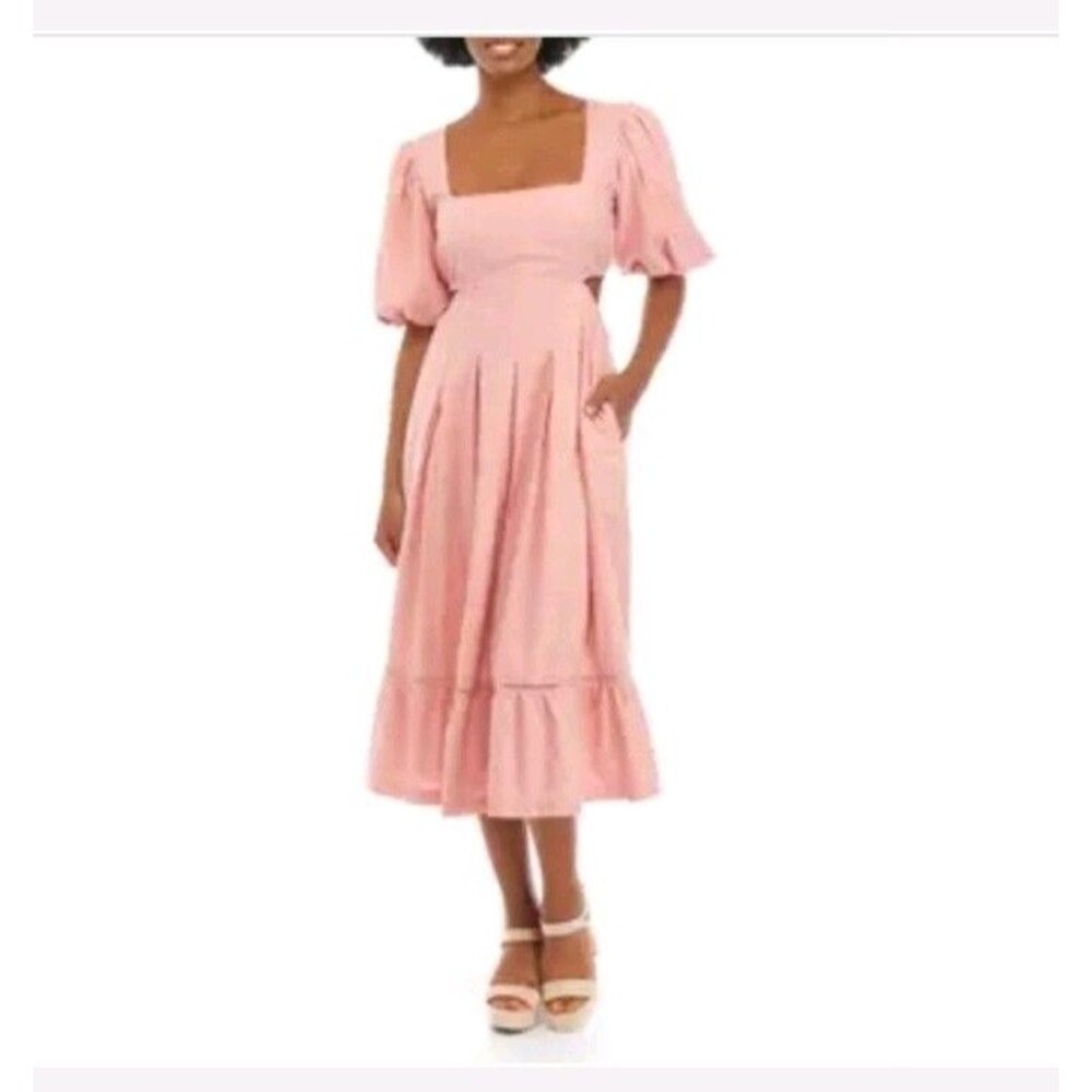 Lost + Wander Blush Pink Textured Puff Sleeve Tiered POCKETS Midi Dress Size S